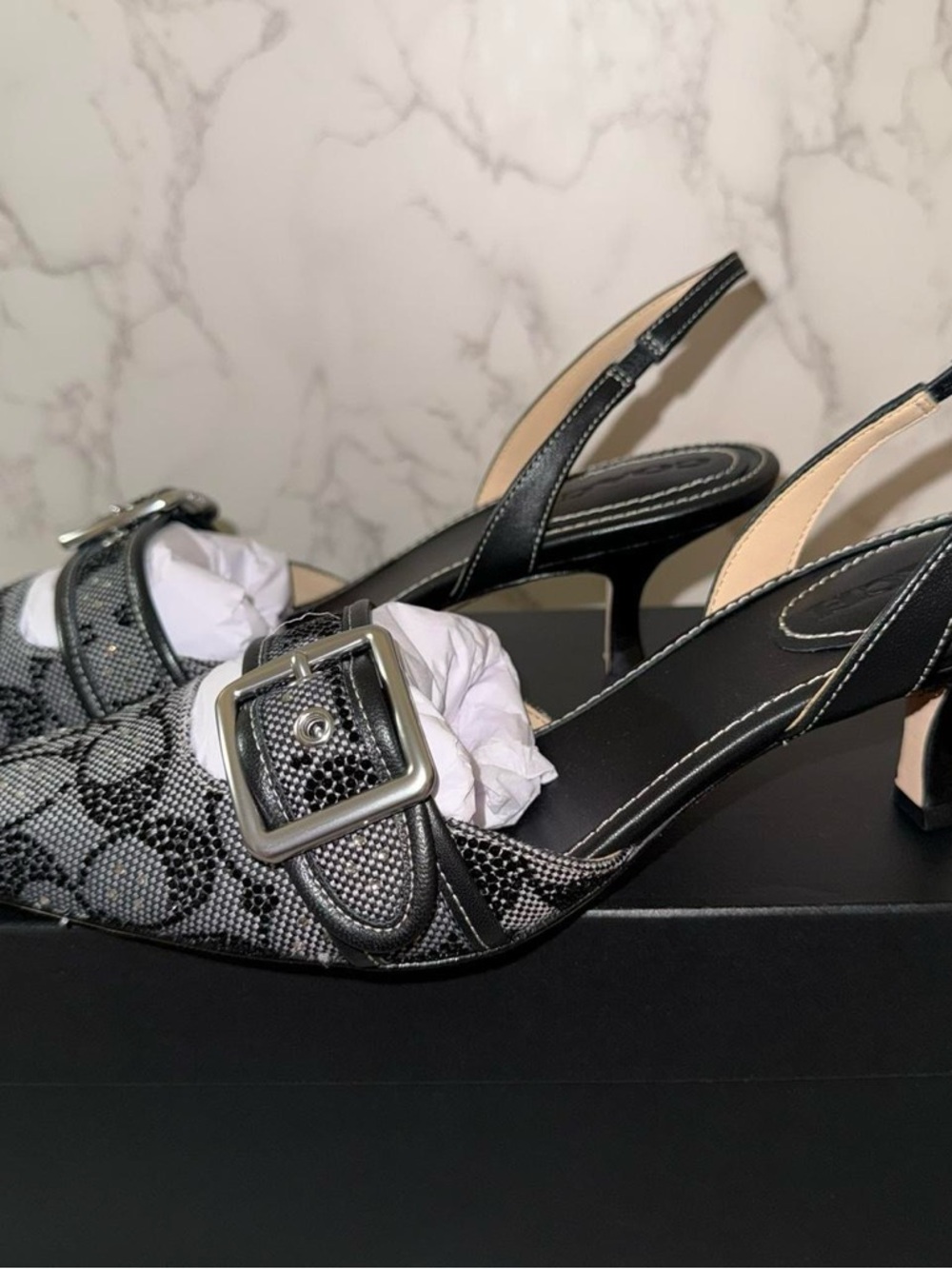 Coach Women’s Margot Slingbacks Signature Kitten Heels Black Crystal - Picture 3 of 9